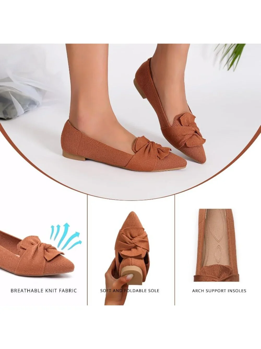 Womens All Brown Comfortable Pointed Toe Knit Foldable Slip On Ballet Flat Shoes